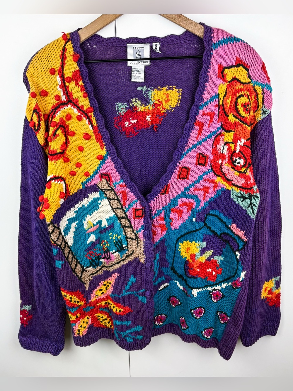 Vintage Novelty Kitsch Funky Floral Abstract Nautical Purple Cardigan Sweater